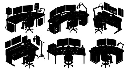 Obraz premium Modern Tech Workstation Silhouettes, Multiple Computer Setups, Ergonomic Office Desks, Digital Creative Spaces, Professional Studio Environments, Vector Graphics Collection