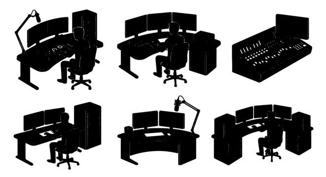 Audio Production Workstation Silhouettes, Music Studio Setup Icons, Sound Engineering Desk Illustrations, Digital Audio Workstation Scenes