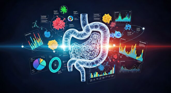 Human Digestive System With Microbiomes and Data Visualization on Dark Background