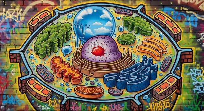 Vibrant street art graffiti mural of botanical cell anatomy on urban brick wall background ink.