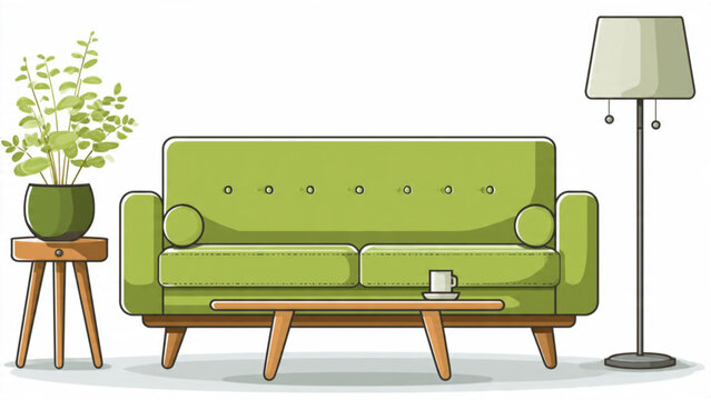 Modern green sofa with side table and floor lamp in contemporary living room setup