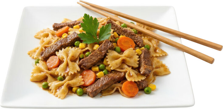 Deliciously prepared bowtie pasta with sliced beef strips vibrant peas corn and carrot slices presented on a white plate with chopsticks stir fry noodles farfalle steak food