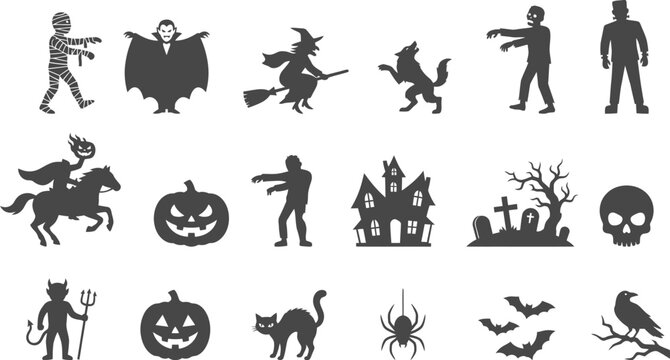 Collection of various halloween icons and symbols in black silhouette isolated on white background