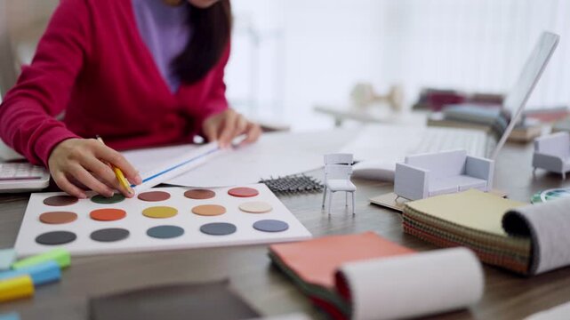 Asian women furniture designer selecting color palette swatches planning interior design project working with laptop architectural models creative workspace