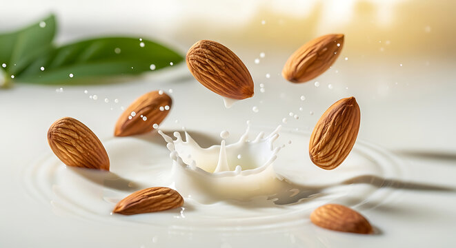 Fresh organic almond splash into creamy nut milk representing health benefits of vegan dairy alternatives and wellness diets