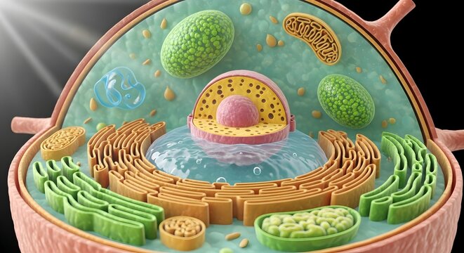 Cross-section of animal cell showing nucleus endoplasmic reticulum and mitochondria.