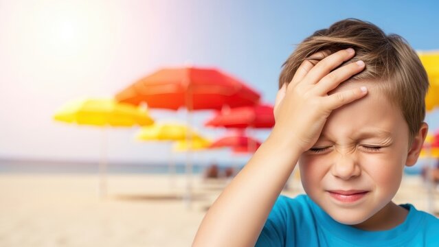Boy squinting in pain holding head on hot summer beach.