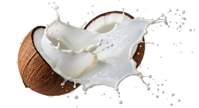 Pristine white coconut milk splashing dynamically from a broken tropical nut shell, liquid explosion captured on a clean studio backdrop, refreshing organic beverage spray in high motion.