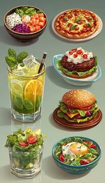 Vector set of food and meal icons, including poke bowls, pizza, pasta, burgers, fresh juices, and salads