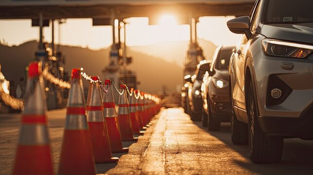 Cars queue at sun-drenched toll plaza with orange cones
