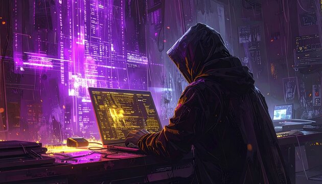 Hooded figure intensely codes on a laptop in a neon cyber den