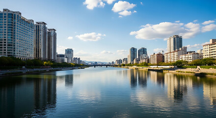 Obraz premium Cityscape alongside a river with modern buildings and a blue sky urban