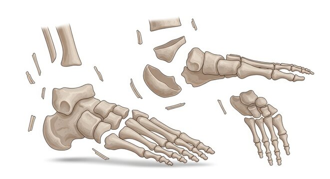 Illustrated Diagram of Broken Foot Bones With Fracture Pieces Isolated on Light Background