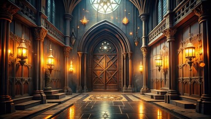 Obraz premium An eerie gothic hall with magical symbols illuminates the door