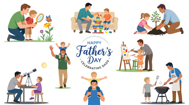 Happy Father's Day vector set, diverse fathers and children bonding through activities, collection of dad and kid illustrations for greeting cards