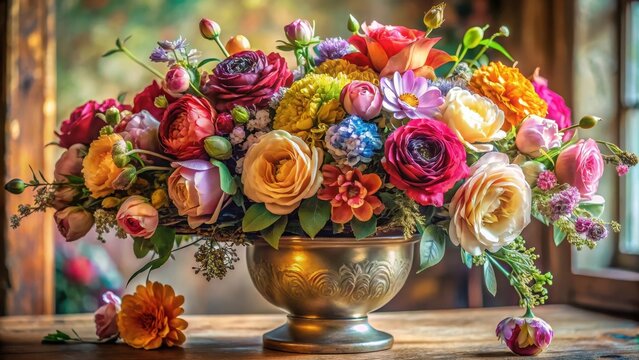 A cluster of colorful silk flowers arranged neatly in a vintage vase
