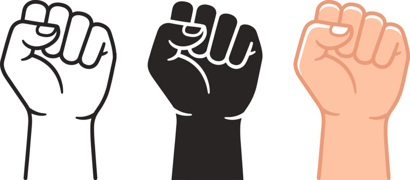 Three fists in different colors raised up in solidarity and protest