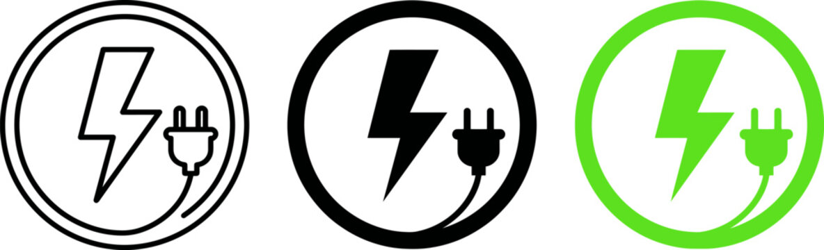 Collection of electric plug icons with lightning bolts in circle shapes
