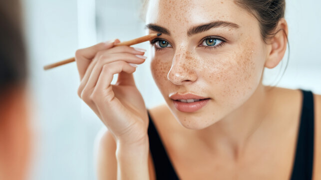 Woman using eyebrow pencil in front of mirror. Morning beauty routine and skincare concept. Natural look with freckles for daily facial makeup tutorial at home.