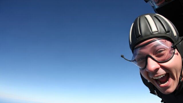 Screaming man tandem skydiving high against clear blue sky.