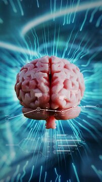Futuristic Cyber Human Brain 3D Animation with Digital  Motion Medical Interface Graphic, Biology Cybernetic Artificial Intelligence and Machine Learning Technology Background. vertical.