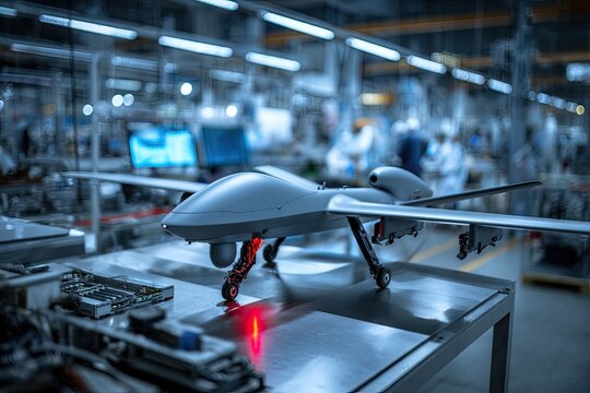 Advanced unmanned aerial vehicle on a workbench in a dimly lit workshop