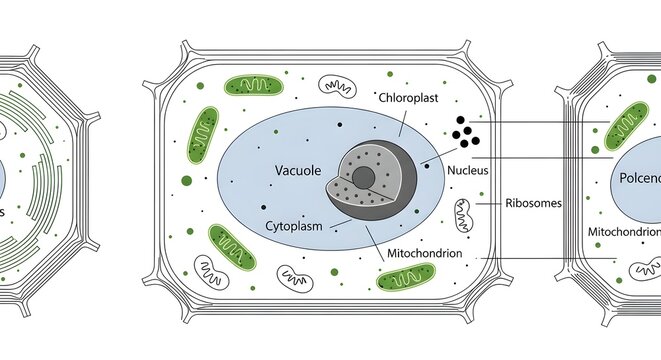 Scientific diagram of plant cell anatomy illustrating chloroplasts vacuole and nucleus details.