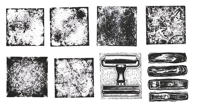 Distressed Handcrafted Grunge Ink Stamp Texture Set Created with Brayer, Linocut Relief Printing Shapes, Eroded Letterpress Rough Irregular Square Backgrounds, Vector Graphic Design Elements.