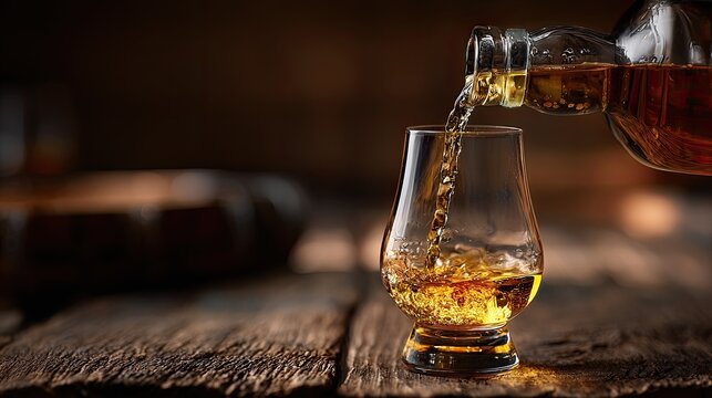 Amber spirit poured from a glass bottle into a tasting glass on wood
