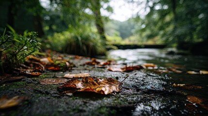 Fototapeta premium Fallen leaves rest on damp stones beside a shallow, slow-moving forest stream