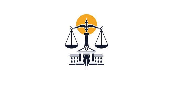 Professional law and justice logo featuring a balance scale over a classic building with a fountain pen tip in a golden sun.