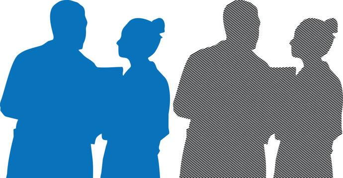 Medical teamwork vector illustration, doctors and nurses silhouettes in blue color and outlined in black, healthcare professionals.