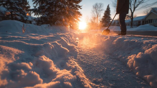 Person shovels snow on a sunlit path during winter's golden hour