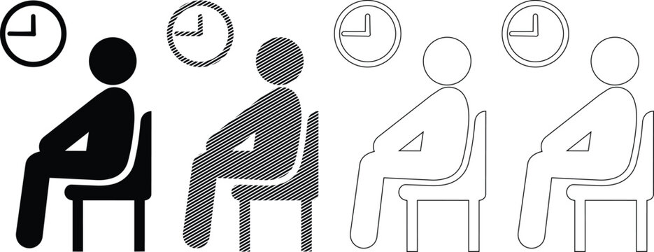 Waiting room icon vector illustration set of people sitting in chairs with clocks representing waiting time in medical or business setting.