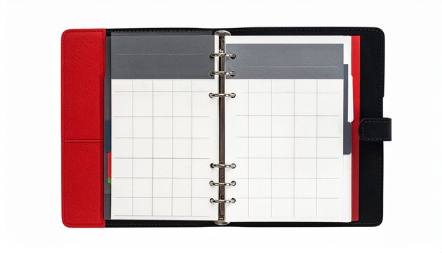 An open leather personal planner with blank grid pages for organization time management tasks scheduling business meetings and daily goals.