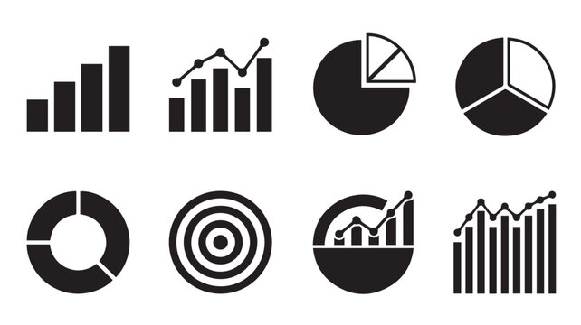 Data charts illustrate various analytical trends and statistical growth patterns through simple graphic icons.