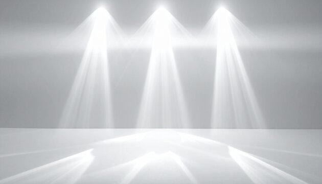 A pristine white studio background with three bright spotlights creating soft beams and reflections on a clean floor for product displays.