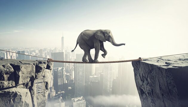 An elephant precariously balances on a tightrope stretched between two skyscrapers high above a sprawling cityscape