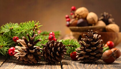 Obraz premium Beautiful winter holiday arrangement featuring brown pine cones with green fir branches and red holly berries on rustic wooden table background.