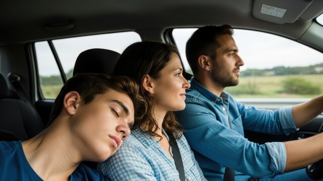 Teenage boy sleeping in passenger seat while parents drive car.