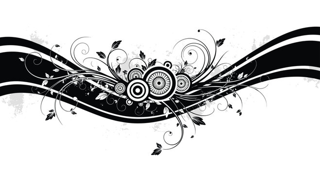 High-contrast black and white horizontal composition featuring dynamic wavy bands and intricate floral scrolls with circular elements.