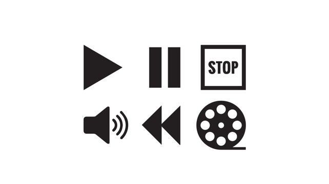 Media icons include a play button, pause symbol, stop sign, speaker, rewind arrows, and a film reel icon.