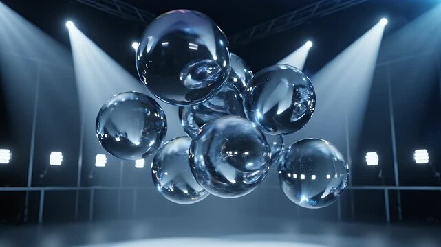 Glass orbs on stage with lights.