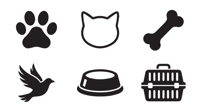 Pet care icons feature animal accessories and symbols designed for veterinary services or pet supply branding.