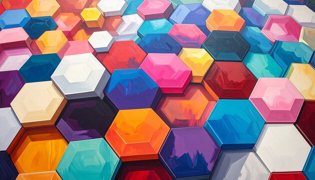 Abstract background featuring a vibrant pattern of colorful hexagonal blocks creating a dynamic geometric mosaic with varied textures.