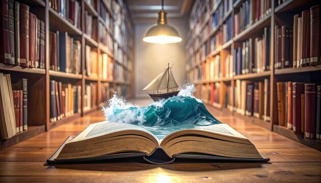 An Open Antique Book Displays a Miniature Ocean Scene with a Sailing Ship Amidst Waves Inside a Grand Library