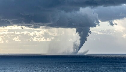 Fototapeta premium A dramatic waterspout funnel touches down on the ocean surface under a dark stormy sky creating a powerful display of natural atmospheric force.