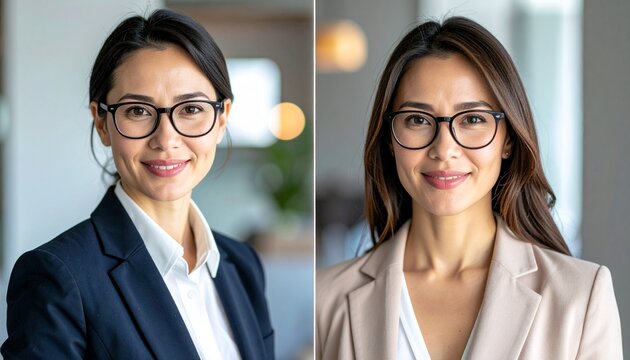 Professional business woman portrait split screen featuring a confident female executive wearing glasses in two different office attires.