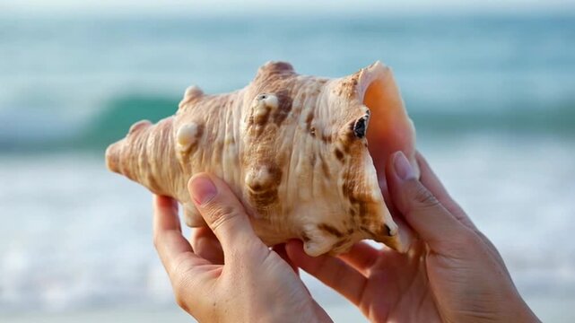Hands holding a conch shell by ocean.