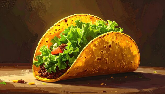 A vibrant, stylized crunchy taco filled with lettuce, meat, and pepper